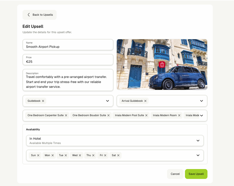 Upsell configured for email and pre-check-in channels